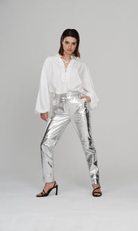 Silver metallic nappa long trousers