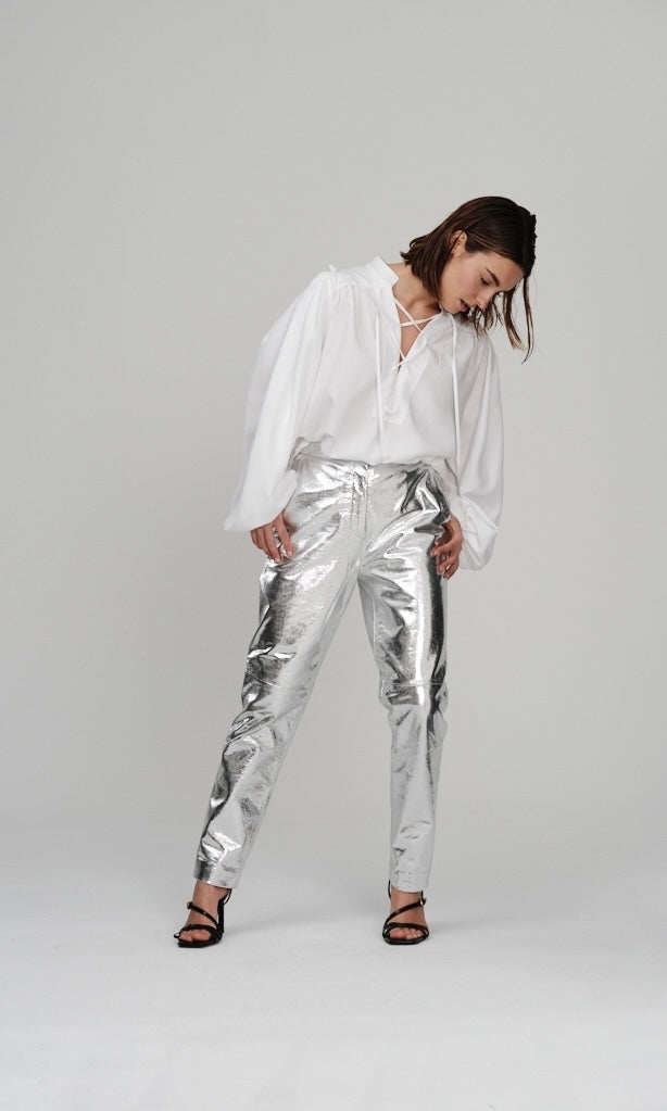 Silver metallic nappa long trousers