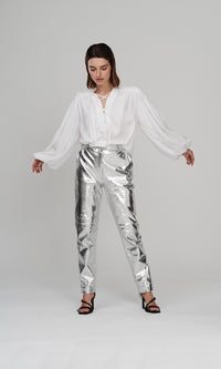 Silver metallic nappa long trousers