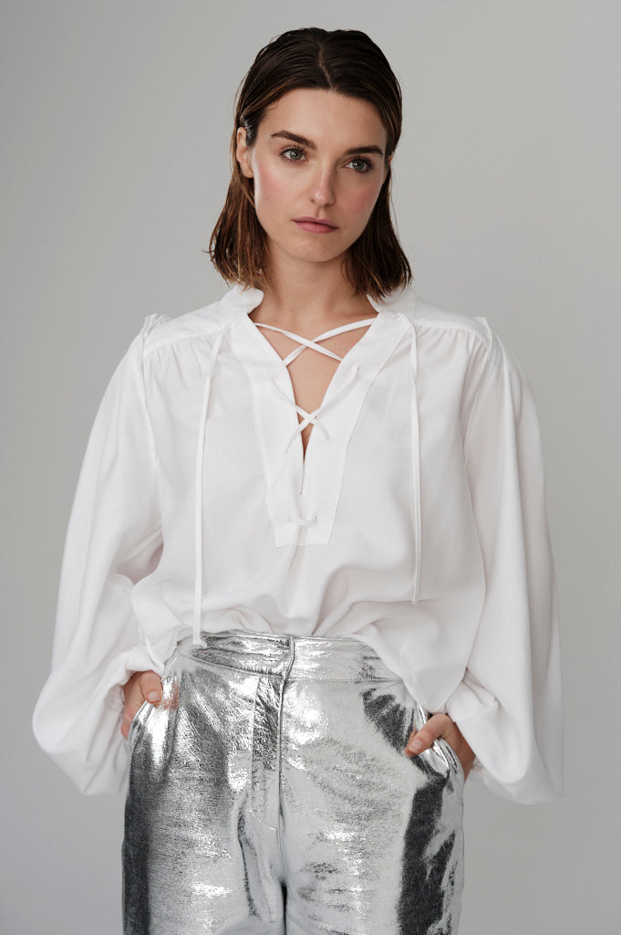 Silver metallic nappa long trousers